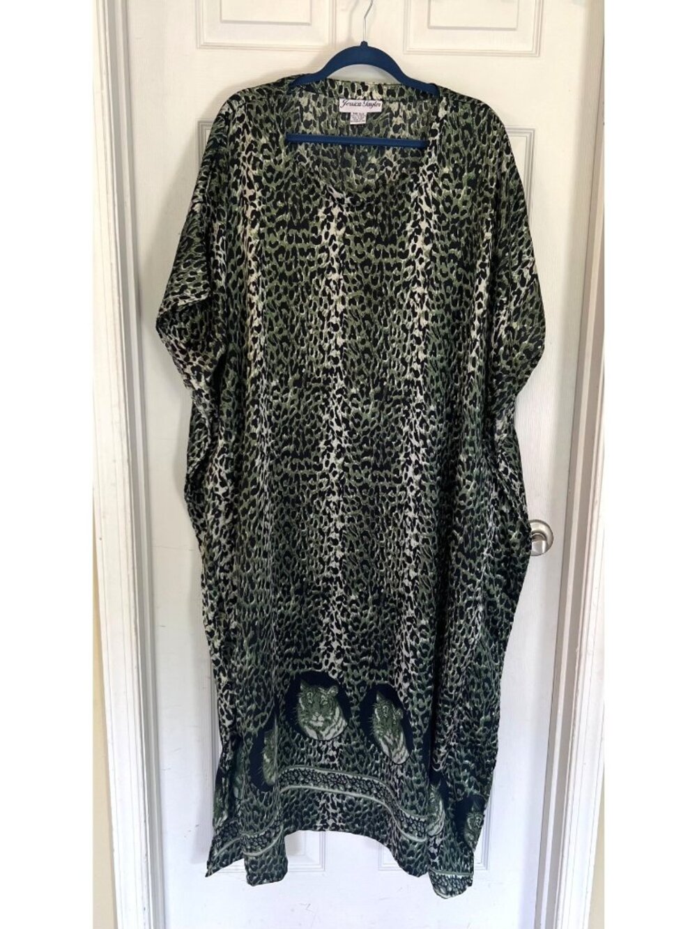Vintage Jessica Taylor Green Tiger Animal Print Kaftan Dress Muumuu Caftan Maxi